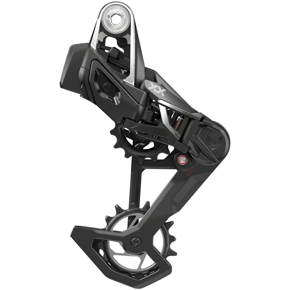 SRAM XX SL Eagle T-Type AXS rear derailleur mounted on bike, showcasing sleek design and precise shifting components.