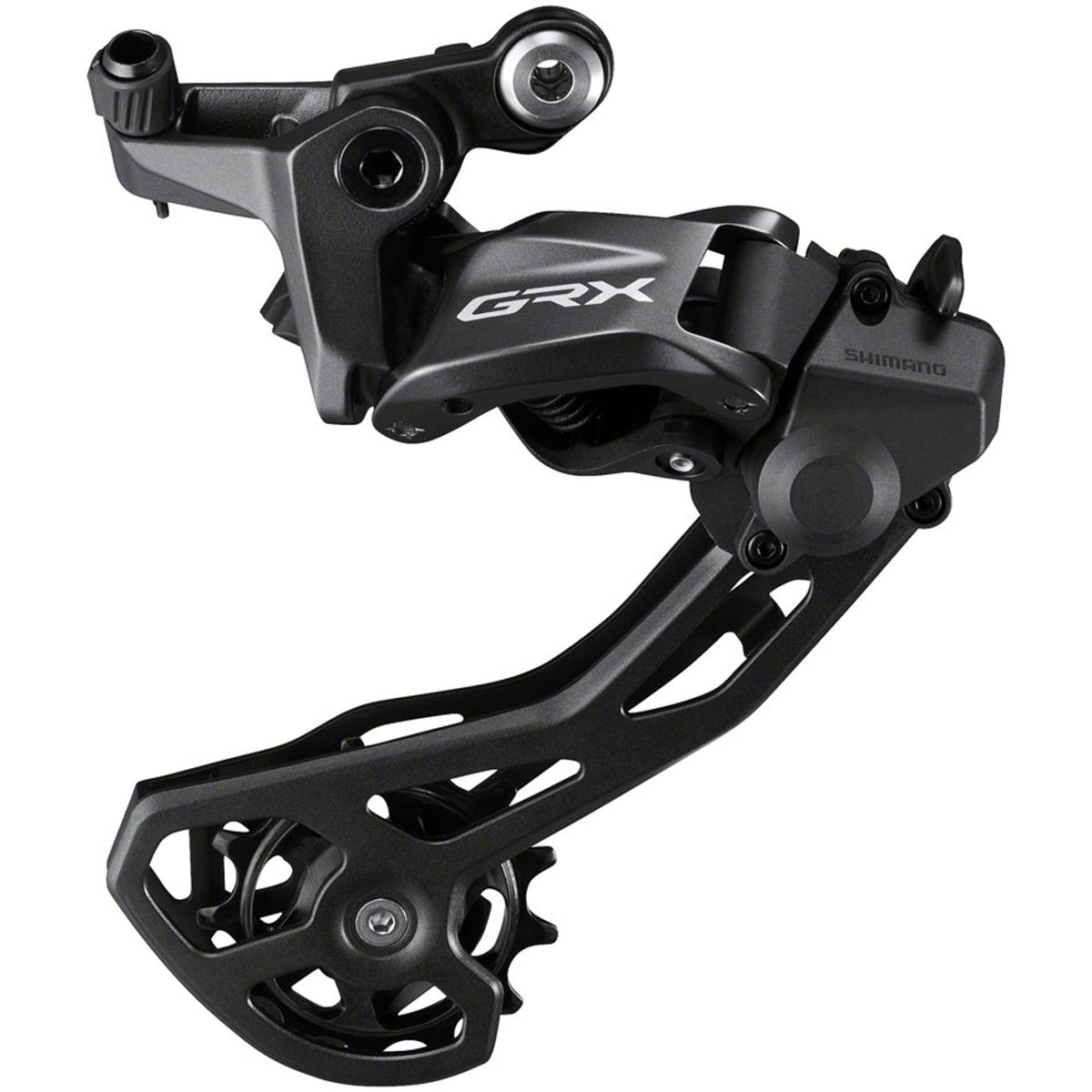 Shimano GRX RD-RX820 rear derailleur for gravel bikes, showing the sleek design and cable attachment in a close-up image.