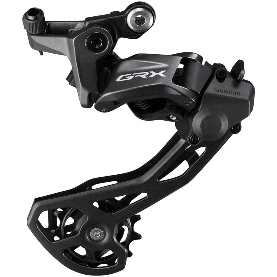 Shimano GRX RD-RX820 rear derailleur for gravel bikes, showing the sleek design and cable attachment in a close-up image.
