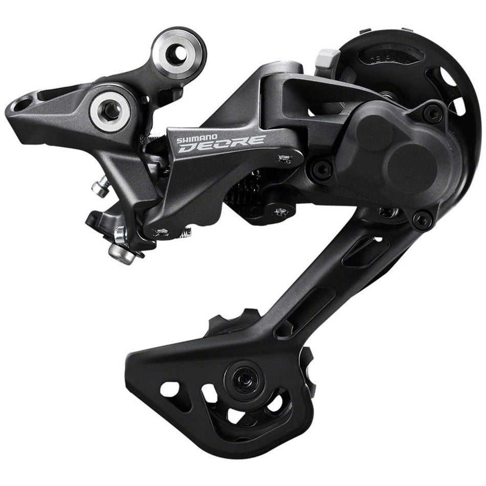 Shimano Deore M5120 rear derailleur with Shadow RD+ design for reliable mountain bike shifting on rough terrain.