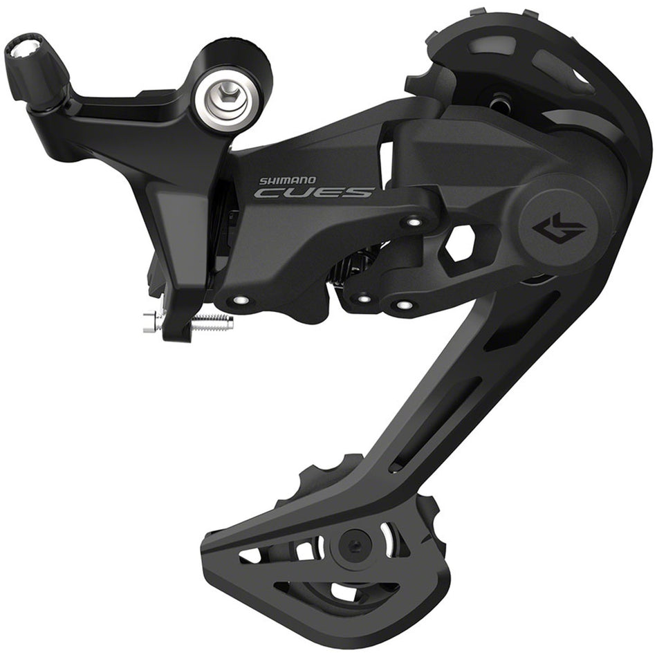 Shimano CUES RD-U4020-SGS rear derailleur mounted on bicycle, showing metal components and mounting hardware.