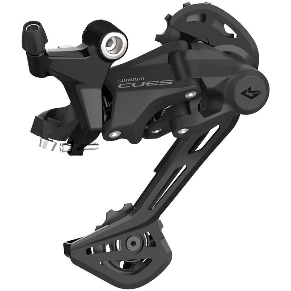 Shimano CUES RD-U4020-SGS rear derailleur for mountain bikes, showing the sleek black component with mounting hardware.