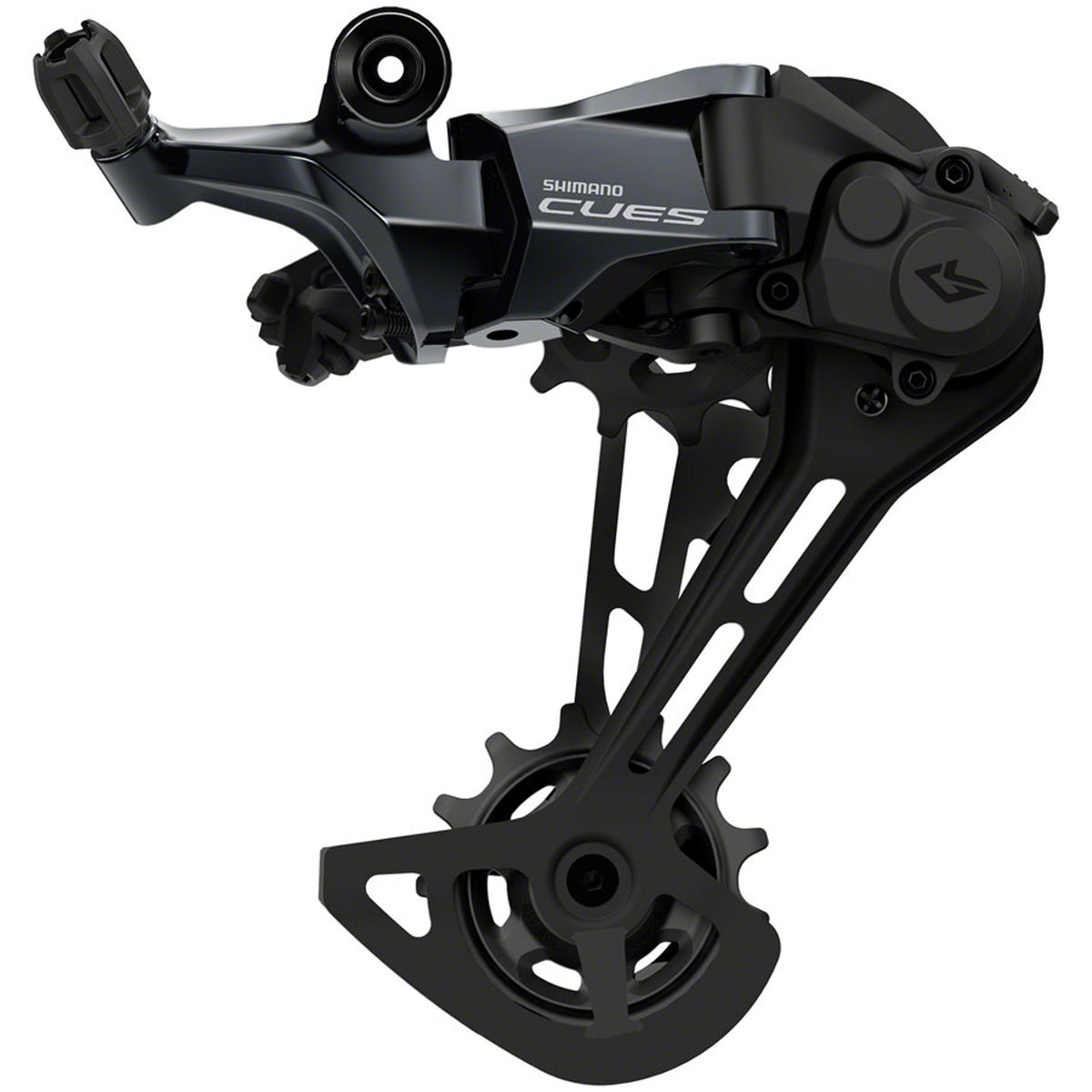 Shimano CUES RD-U8000-GS rear derailleur for mountain bikes, showing the black and silver component with mounting hardware.