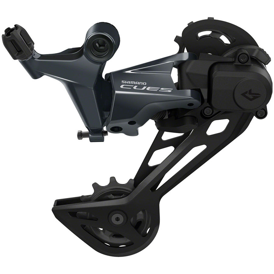 Shimano CUES RD-U8020-SGS rear derailleur mounted on bike, showing gear adjustment mechanism and sleek black design.