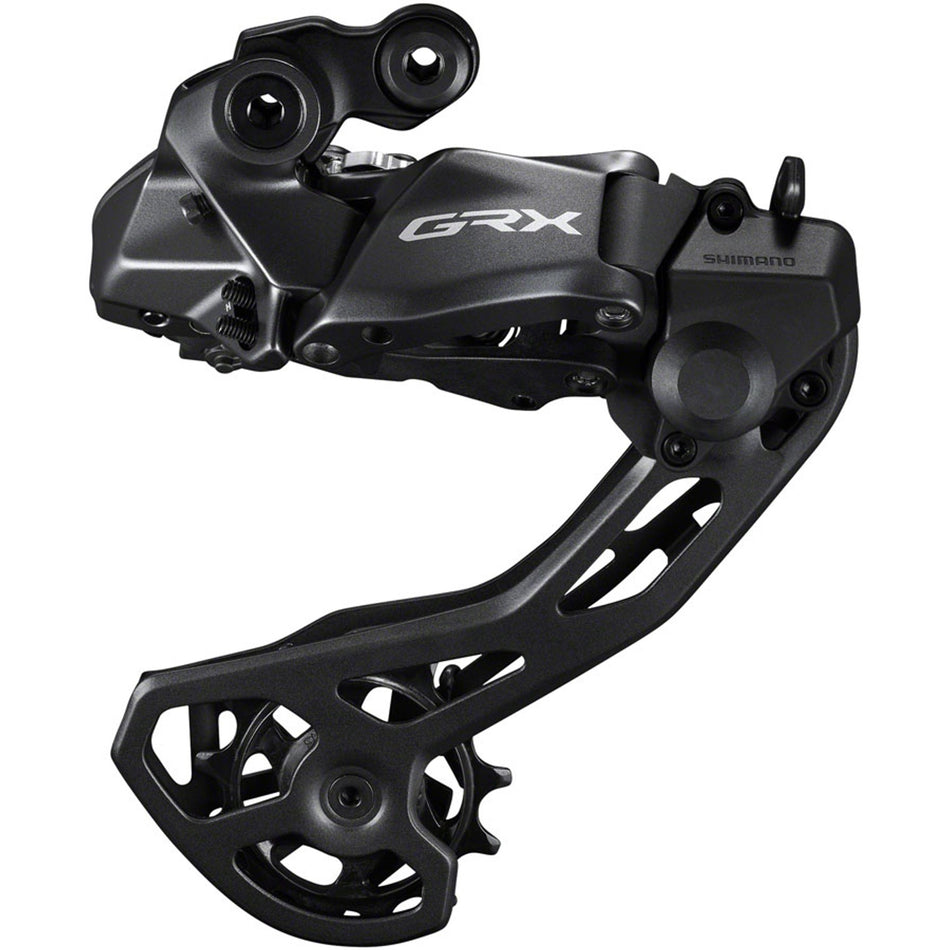 Shimano GRX RD-RX825 Di2 rear derailleur mounted on bike, showcasing sleek design and precise shifting components.