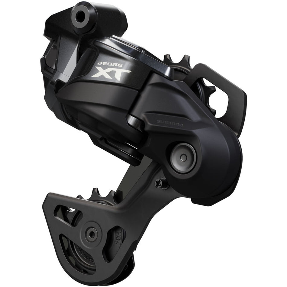 Shimano Deore XT RD-M8250-GS Di2 12-speed wireless rear derailleur mounted on a bicycle drivetrain.