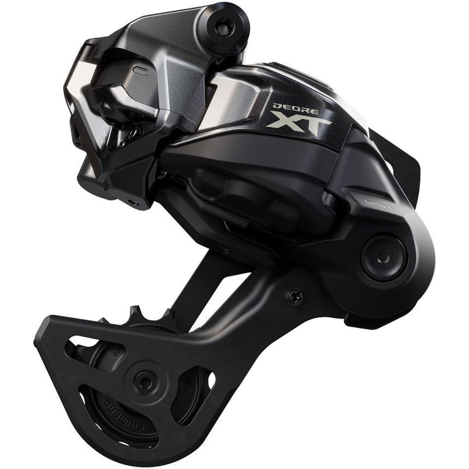 Shimano Deore XT RD-M8250-GS Di2 12-speed wireless rear derailleur mounted on a bicycle drivetrain.