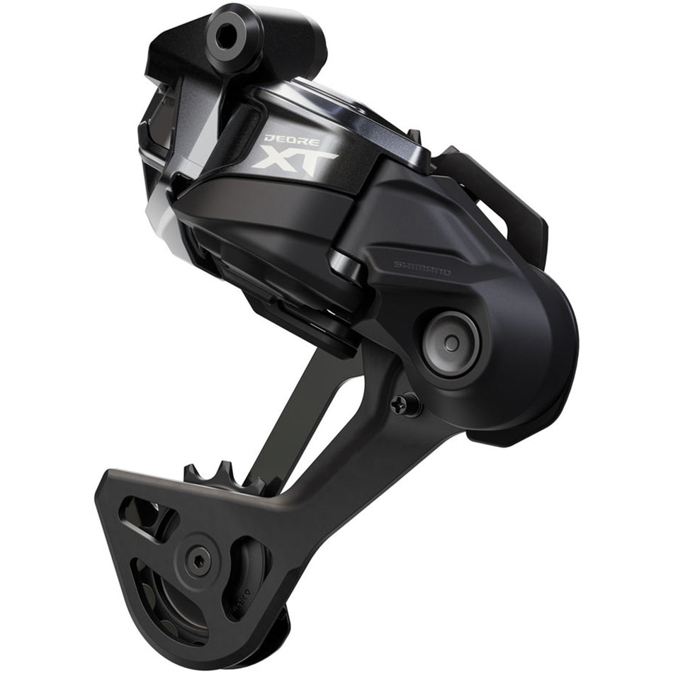 Shimano Deore XT RD-M8250-SGS Di2 wireless rear derailleur mounted on a bicycle, showcasing its sleek design and gear shifting components.