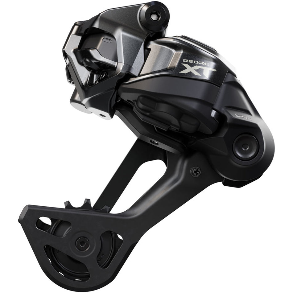 Shimano Deore XT RD-M8250-SGS Di2 wireless rear derailleur mounted on a bike, showcasing its sleek design and precise shifting components.