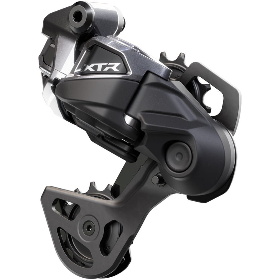 Shimano XTR RD-M9250-GS Di2 wireless rear derailleur mounted on a bicycle drivetrain system.