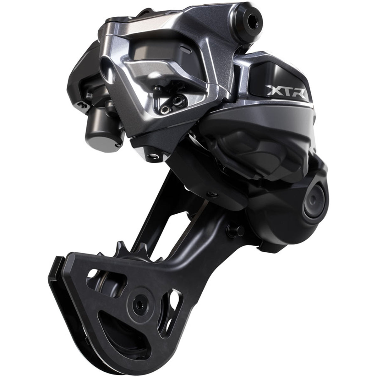 Shimano XTR RD-M9250-GS Di2 wireless rear derailleur mounted on a bike, showcasing sleek design and precise shifting capabilities.