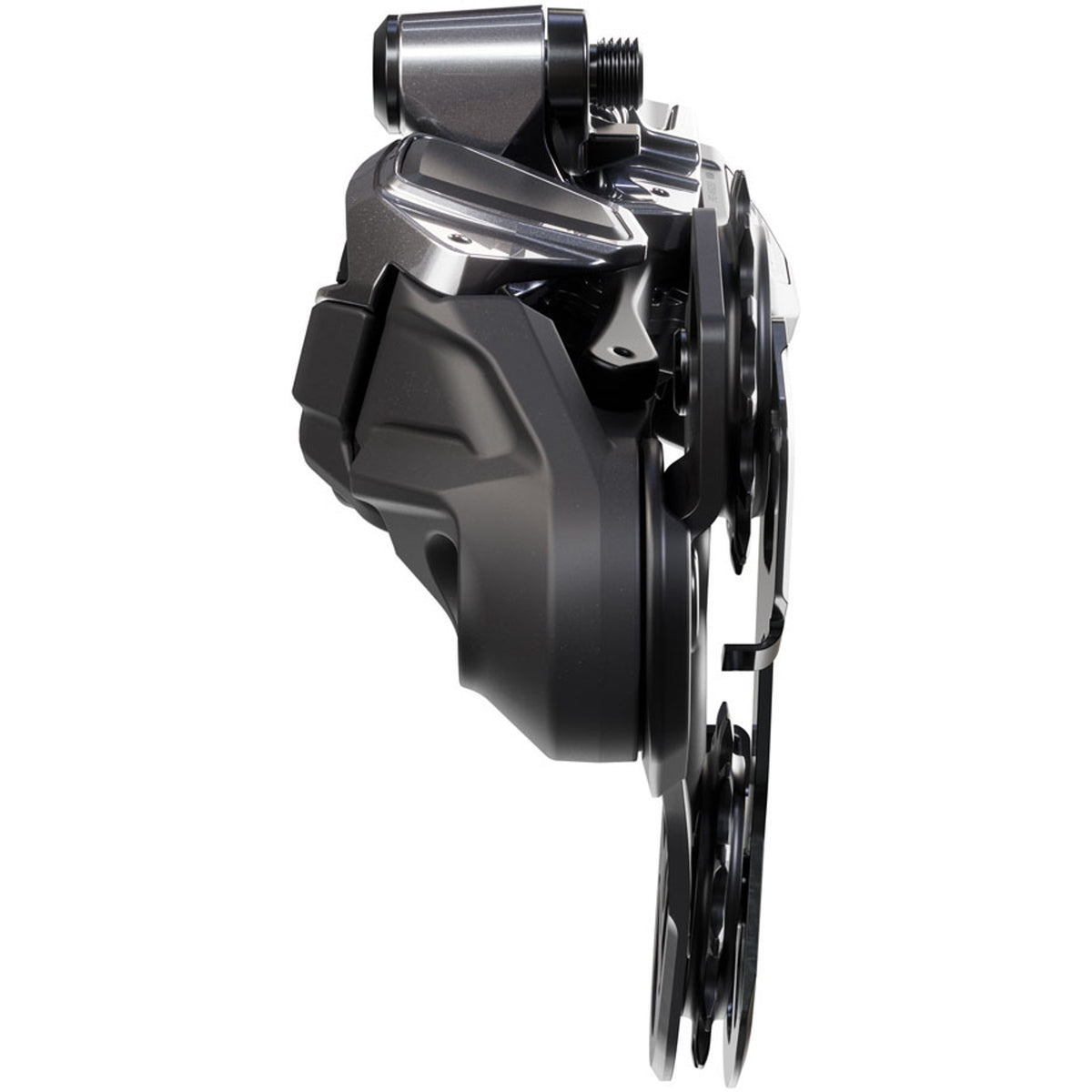 Shimano XTR RD-M9250-GS Di2 wireless rear derailleur mounted on a bike, showcasing its sleek design and precise shifting mechanism.
