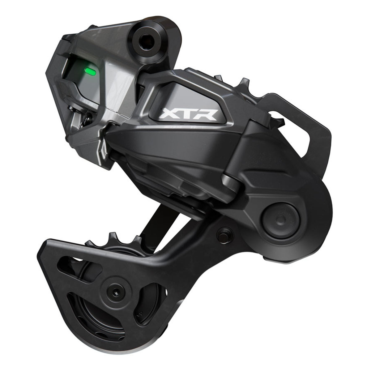 Shimano XTR RD-M9250-GS Di2 wireless rear derailleur mounted on a bicycle, showcasing sleek black design and precise shifting components.
