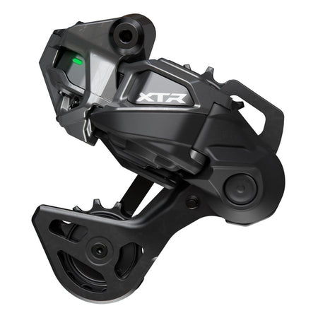 Shimano XTR RD-M9250-GS Di2 wireless rear derailleur mounted on a bicycle, showcasing sleek black design and precise shifting components.