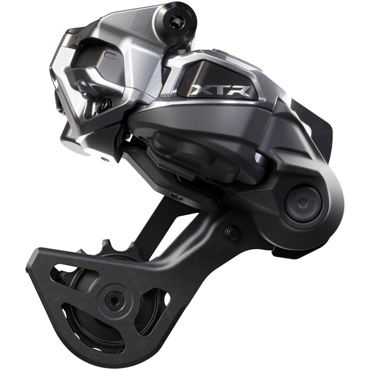 Shimano XTR RD-M9250-GS Di2 wireless rear derailleur with sleek metal construction and precise gear cage for mountain biking.