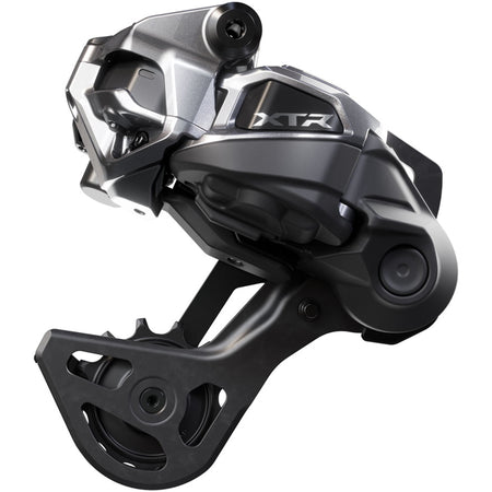 Shimano XTR RD-M9250-GS Di2 wireless rear derailleur with sleek metal construction and precise gear cage for mountain biking.