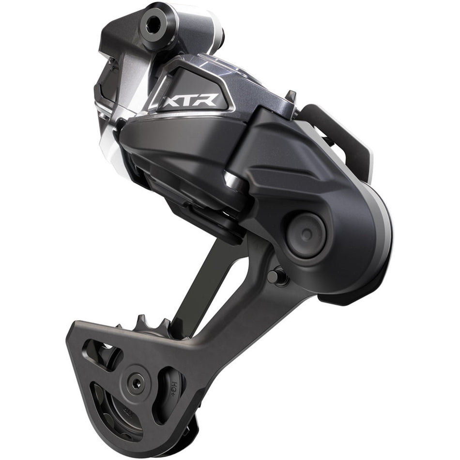 Shimano XTR RD-M9250-SGS Di2 12-speed wireless rear derailleur mounted on a bike, showcasing its sleek design and precision components.