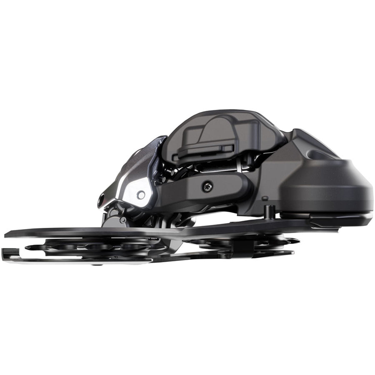 Shimano XTR RD-M9250-GS Di2 wireless rear derailleur mounted on a bike, showcasing its sleek design and advanced shifting technology.
