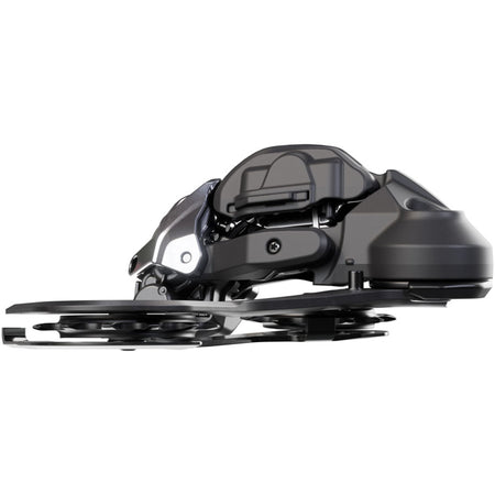 Shimano XTR RD-M9250-GS Di2 wireless rear derailleur mounted on a bike, showcasing its sleek design and advanced shifting technology.