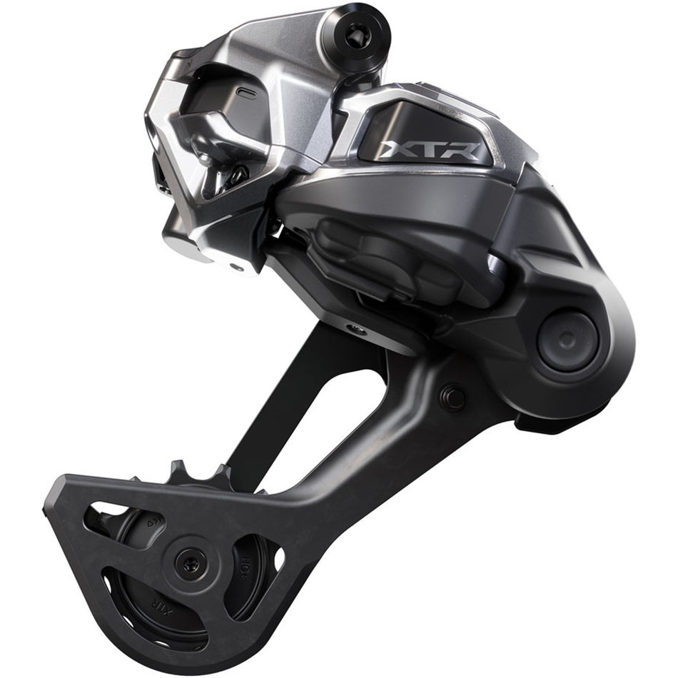 Shimano XTR RD-M9250-SGS Di2 12-speed wireless rear derailleur mounted on a mountain bike for smooth gear shifting.
