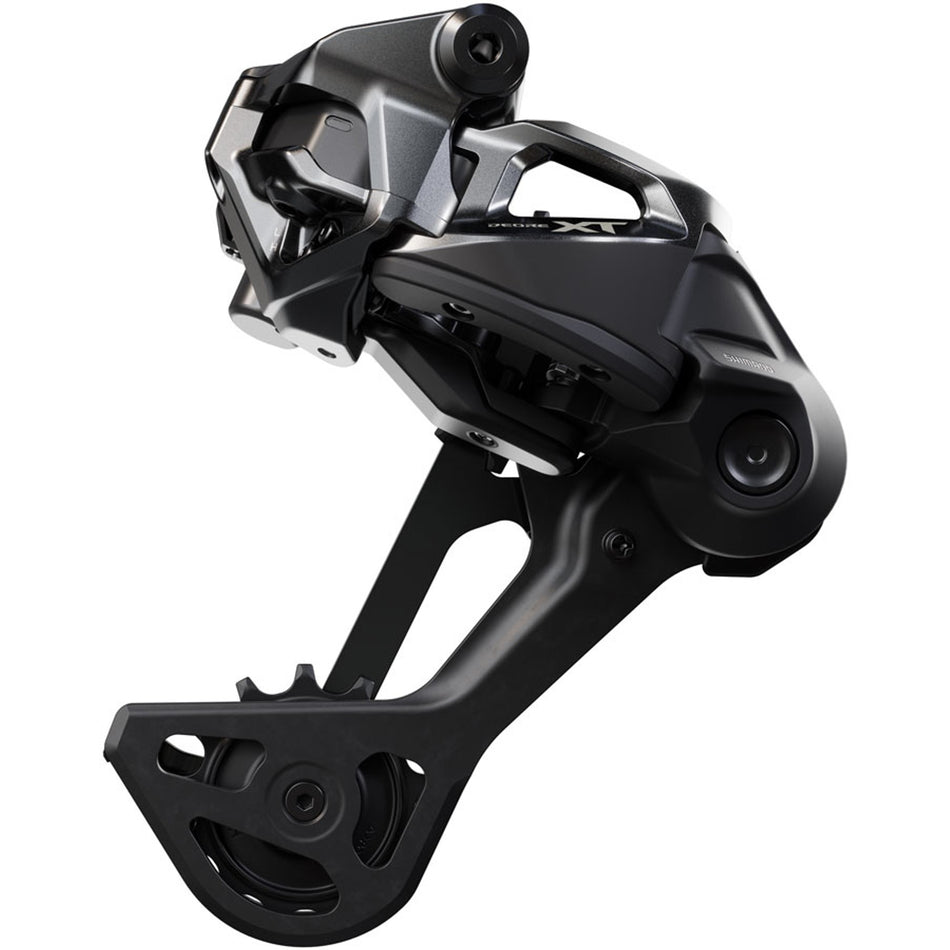 Shimano XT RD-M8260 ebike rear derailleur showing gear cage and mounting hardware on white background.