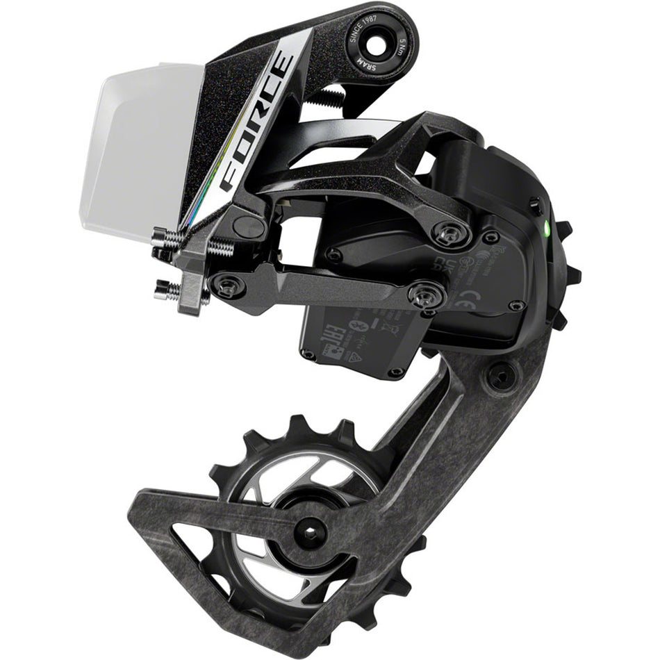 SRAM Force eTAP AXS rear derailleur, lightweight bike component with precise shifting, shown in a close-up view.
