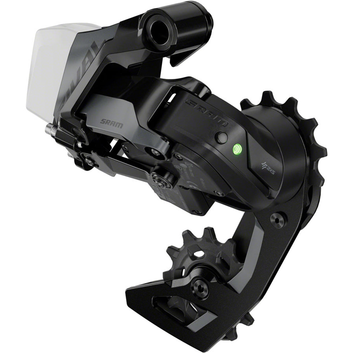 SRAM Rival eTAP AXS rear derailleur, sleek black design, mounted on bike drivetrain, showing clean construction and branding details.