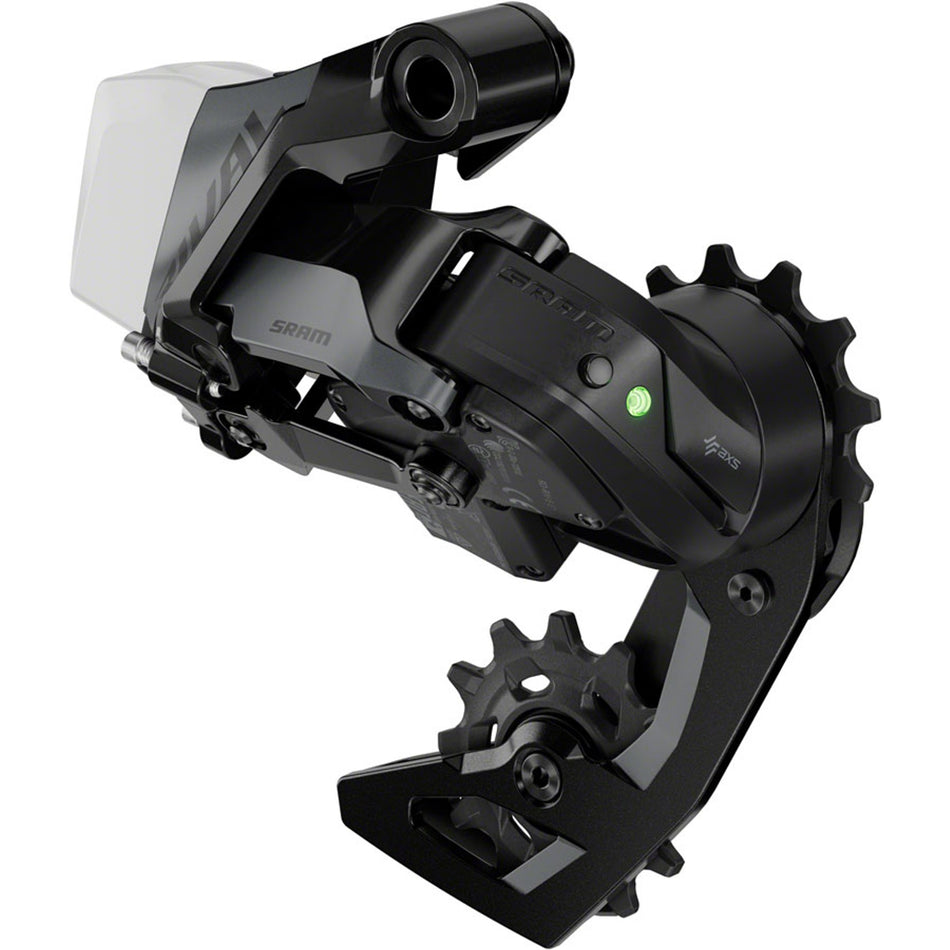 SRAM Rival eTAP AXS rear derailleur, sleek black design, mounted on bike drivetrain, showing clean construction and branding details.