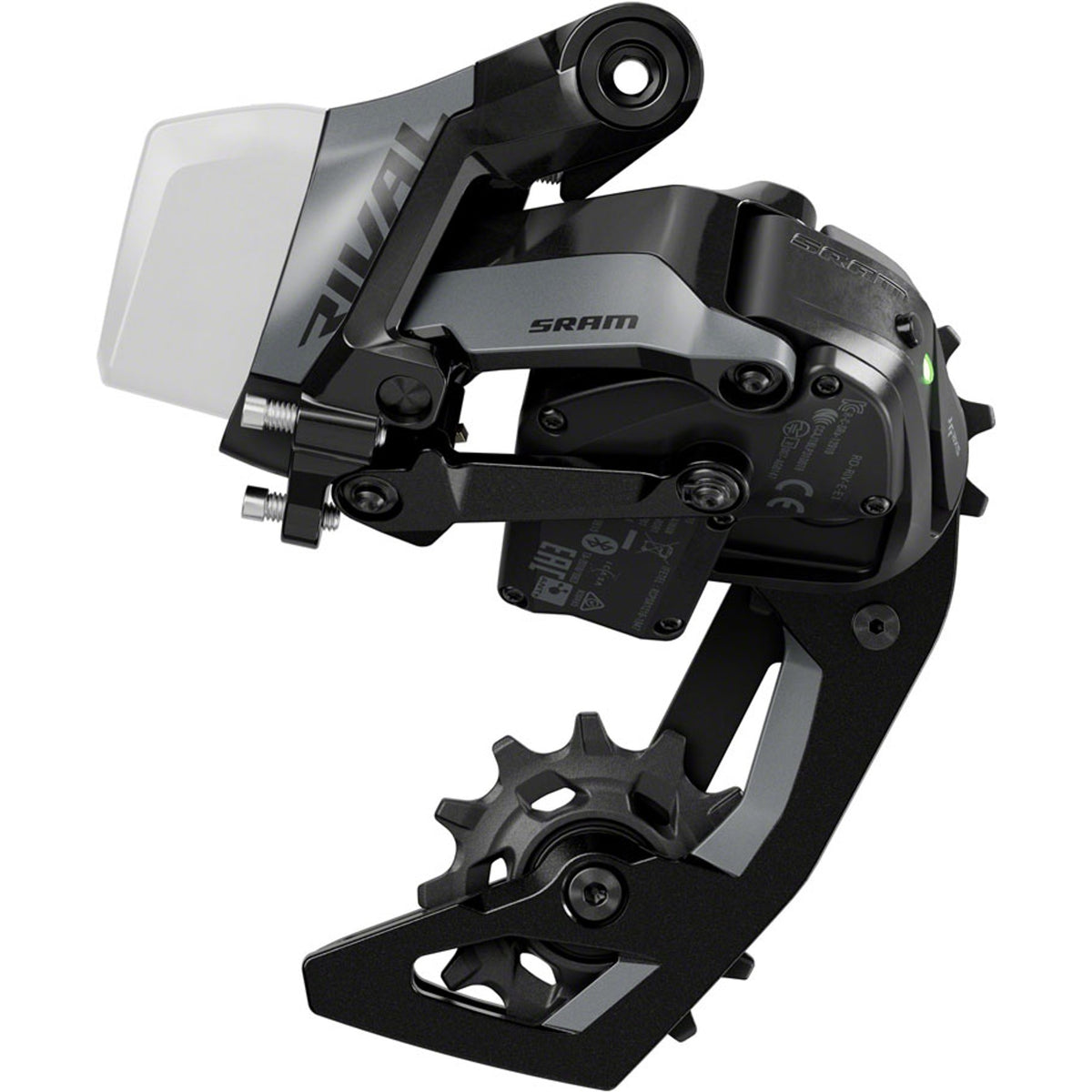 SRAM Rival eTAP AXS rear derailleur E1 with black finish and cable attachment for smooth gear shifting.