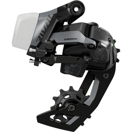 SRAM Rival eTAP AXS rear derailleur E1 with black finish and cable attachment for smooth gear shifting.