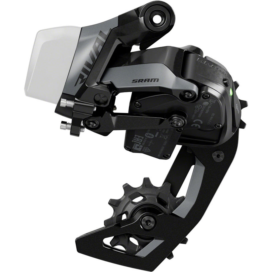 SRAM Rival eTAP AXS rear derailleur E1 with black finish and cable attachment for smooth gear shifting.