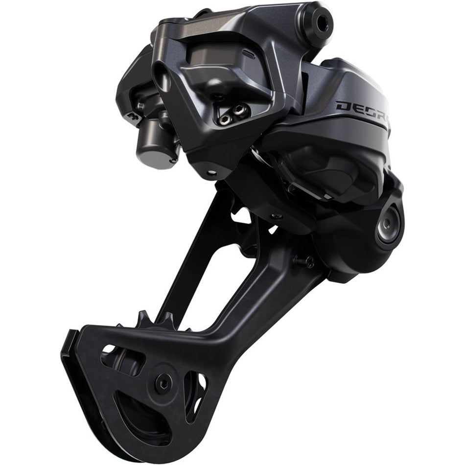 Shimano Deore RD-M6250-SGS Di2 wireless rear derailleur mounted on bike, showcasing its sleek design and gear capacity.