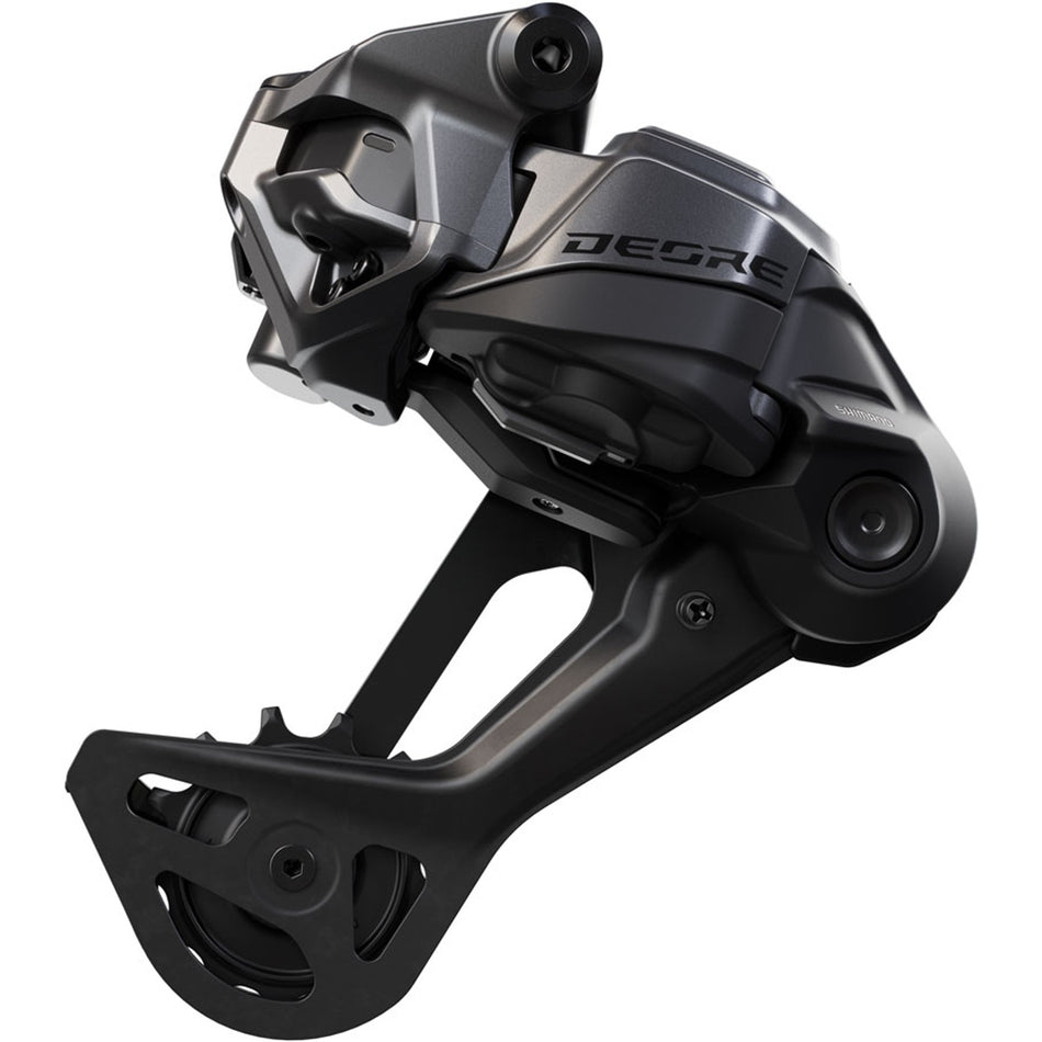 Shimano Deore RD-M6250-SGS Di2 wireless rear derailleur mounted on a bike, showing its sleek black design and gear adjustment components.