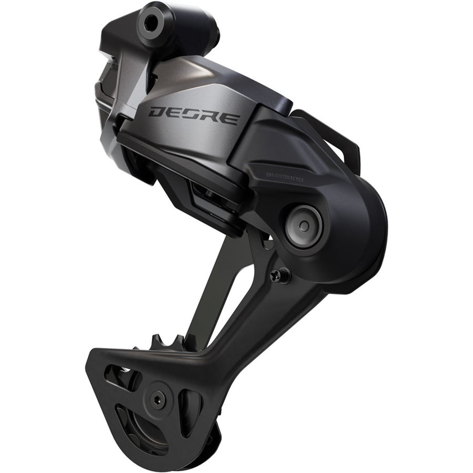 Shimano Deore RD-M6260-11L Di2 rear derailleur showing its sleek metallic body and mounting hardware for mountain bike gears.
