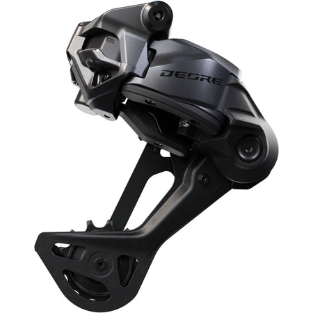 Shimano Deore RD-M6260-12 Di2 wired power 12-speed E-MTB rear derailleur showing black metal body and mounting components.