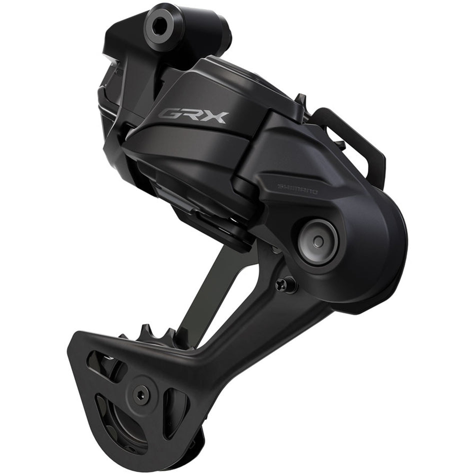 Shimano GRX RD-RX717-SGS Di2 wireless rear derailleur mounted on bike, showcasing sleek design and brand logo.