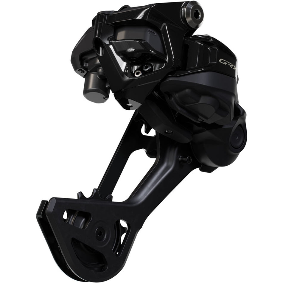 Shimano GRX RD-RX827-SGS Di2 wireless rear derailleur with black finish and mounting hardware for gravel bike gearing.