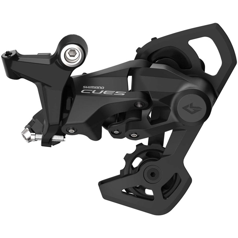 Shimano CUES RD-U4010 LINKGLIDE rear derailleur for mountain bikes, showing the sleek black component with brand logo.