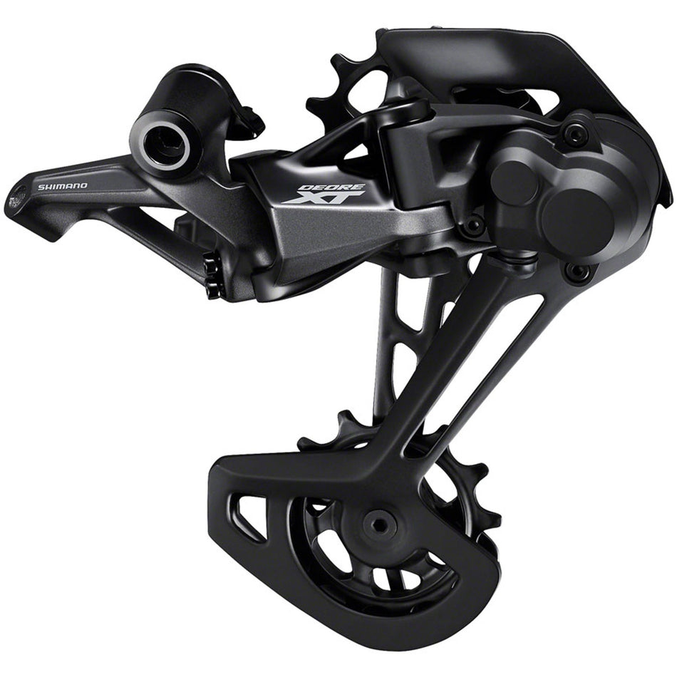 Shimano Deore XT RD-M8100 rear derailleur for mountain bike, showing the sleek black design and gear attachment mechanism.