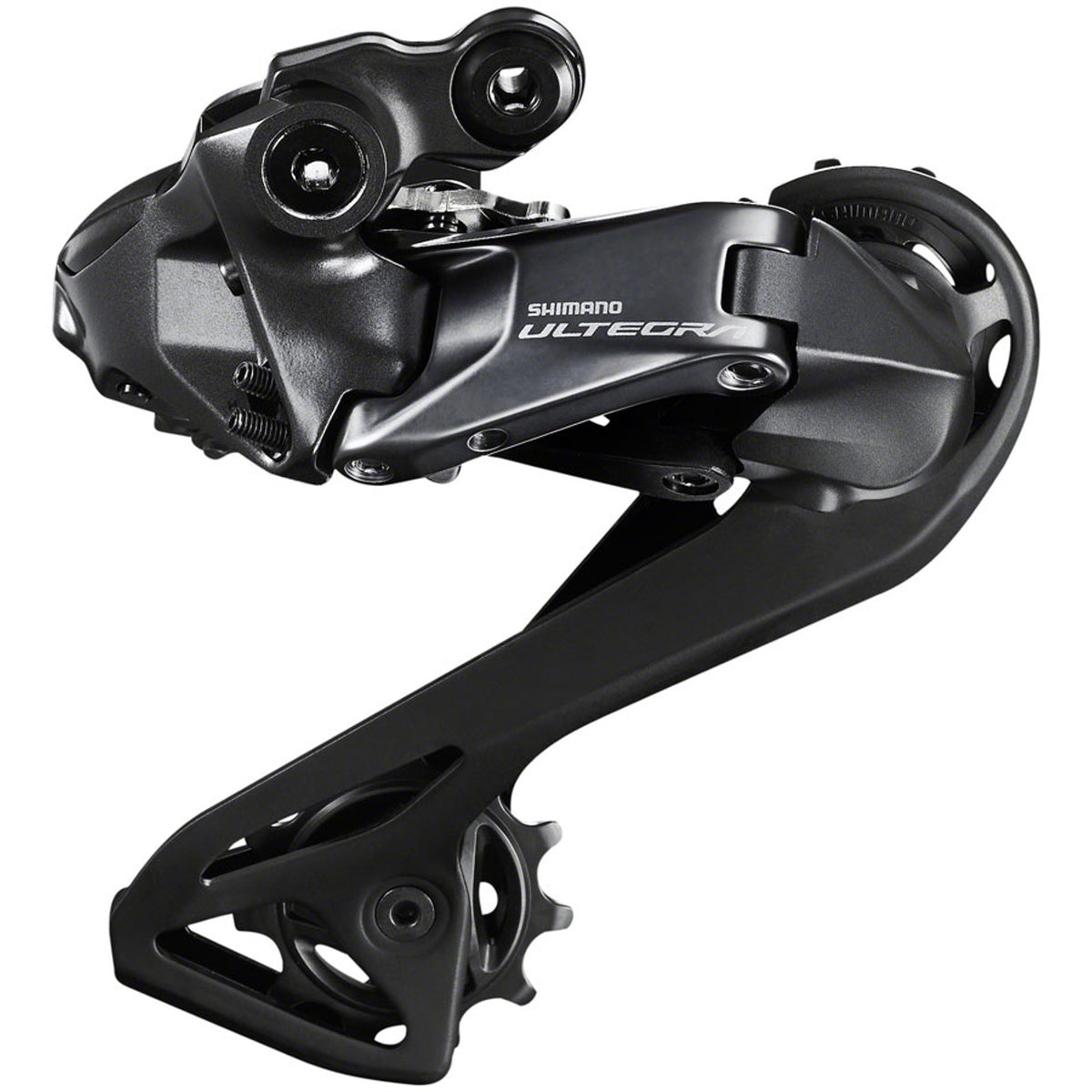 Shimano Ultegra RD-R8150 Di2 12-speed rear derailleur showing metal cage, electronic shifting components, and mounting hardware.