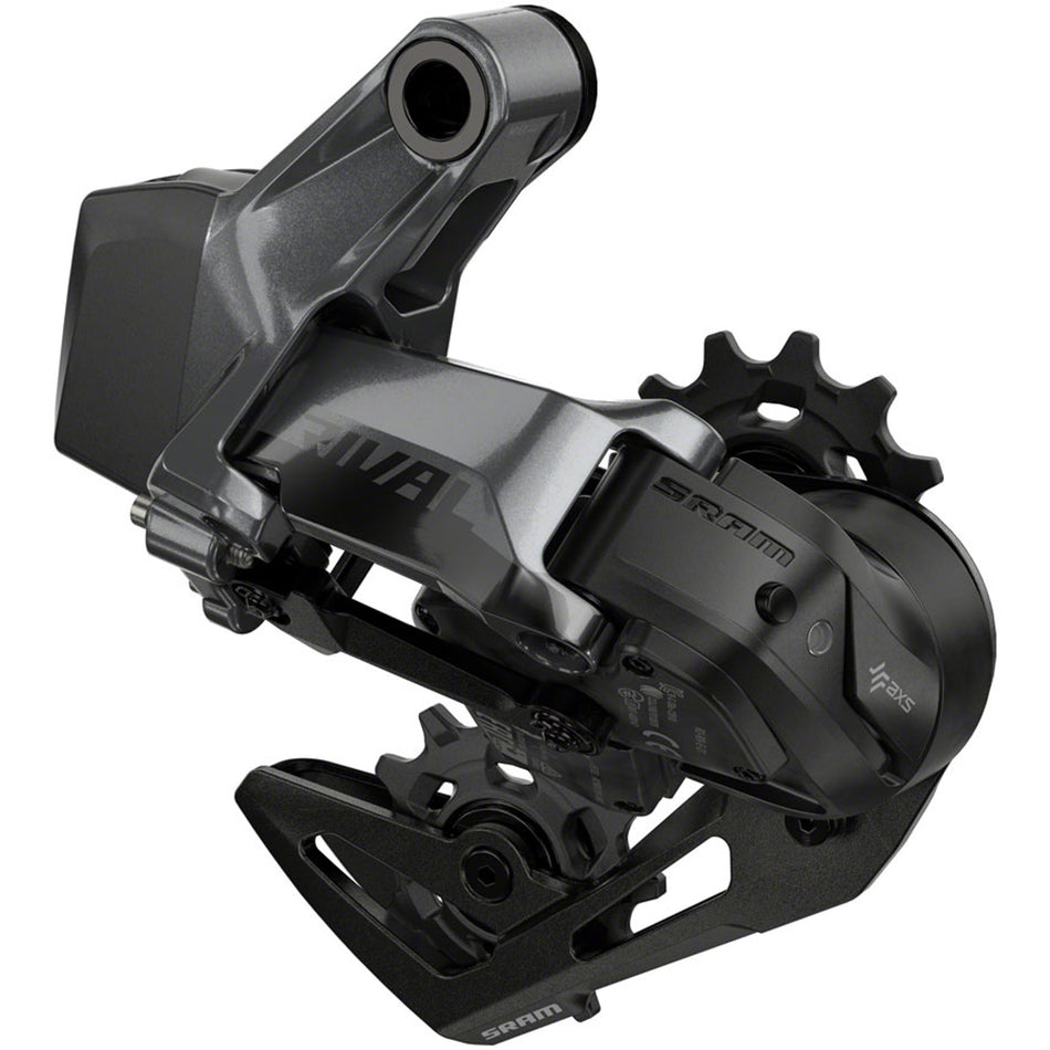 SRAM Rival XPLR eTAP AXS rear derailleur attached to a bicycle drivetrain, showcasing its sleek design and precise shifting capability.