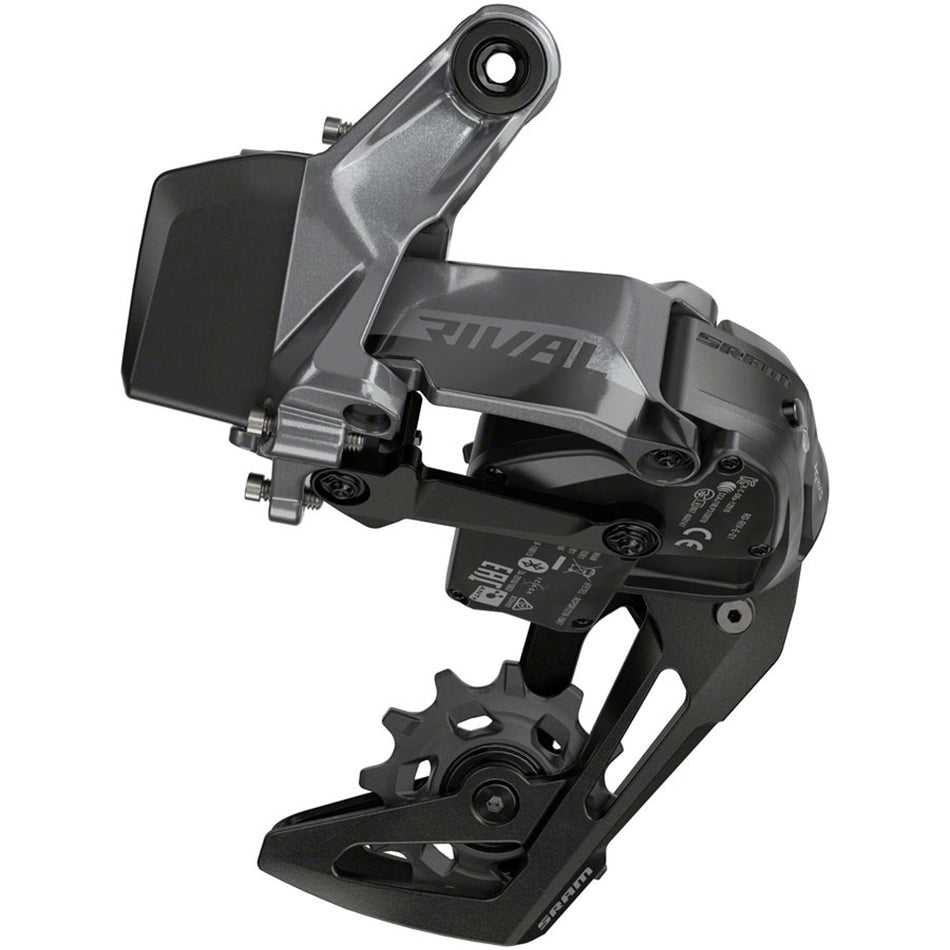 SRAM Rival XPLR eTAP AXS rear derailleur for mountain bikes, shown in black with sleek design and mounting hardware.