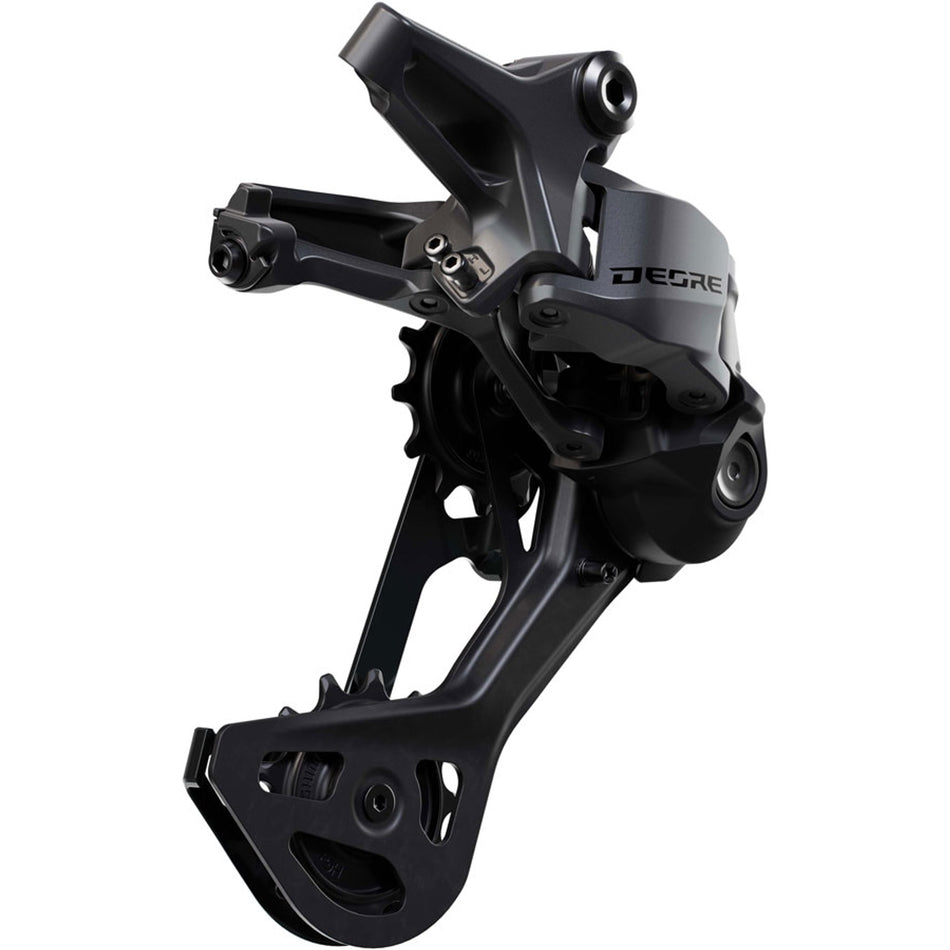 Shimano Deore RD-M7200-SGS rear derailleur mounted on bike drivetrain, showing its black metal body and precise gear mechanism.