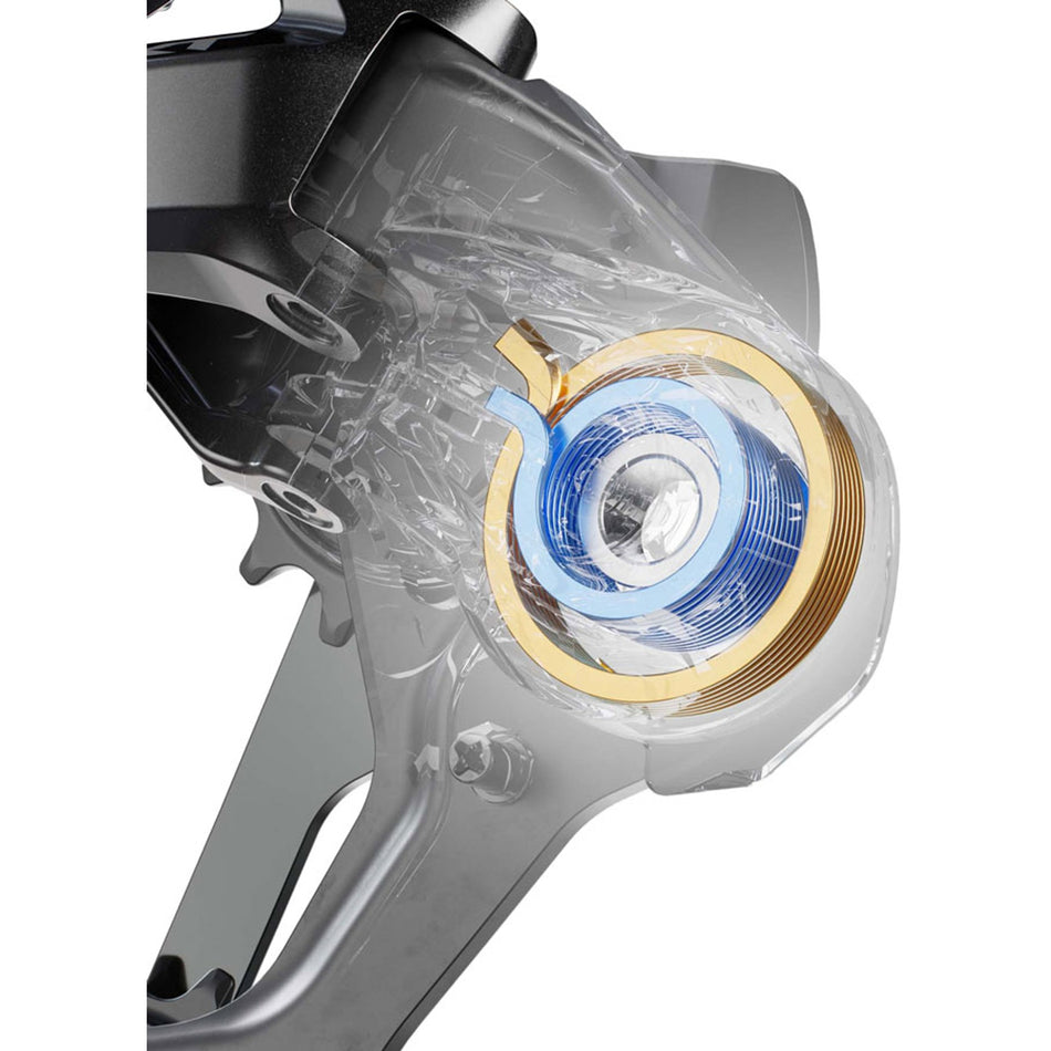 Shimano Deore XT RD-M8200 rear derailleur attached to bike, showcasing durable construction and precise gear shifting components.