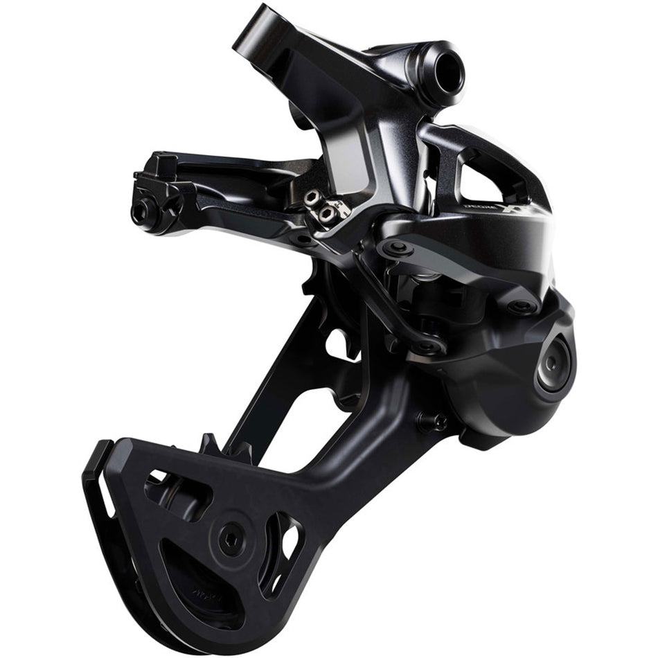 Shimano XT RD-M8230-SGS rear derailleur for mountain bikes, showing the sleek black component with mounting hardware.