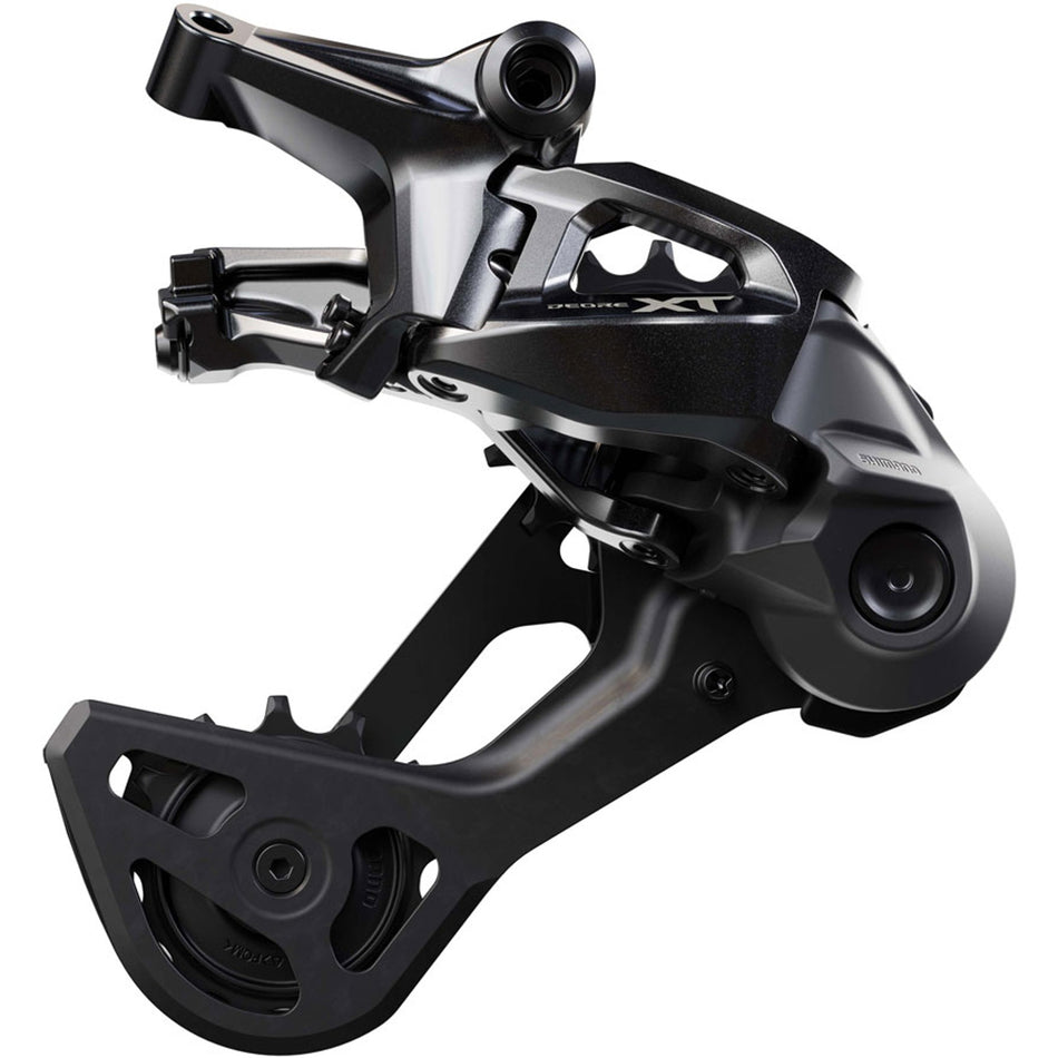 Shimano XT RD-M8230-SGS rear derailleur mounted on mountain bike, showing sleek design and gear adjustment components.