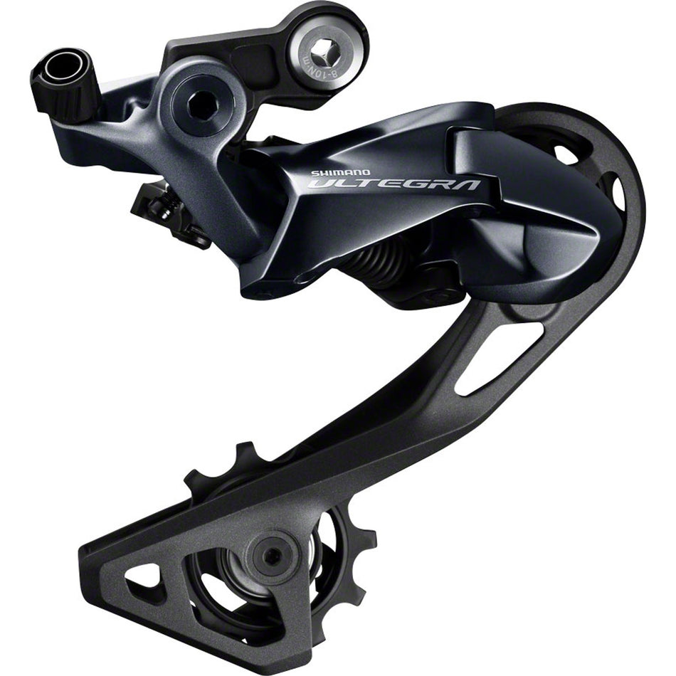 Shimano Ultegra RD-R8000 rear derailleur for road bikes, showing the sleek black component with mounted jockey wheels.