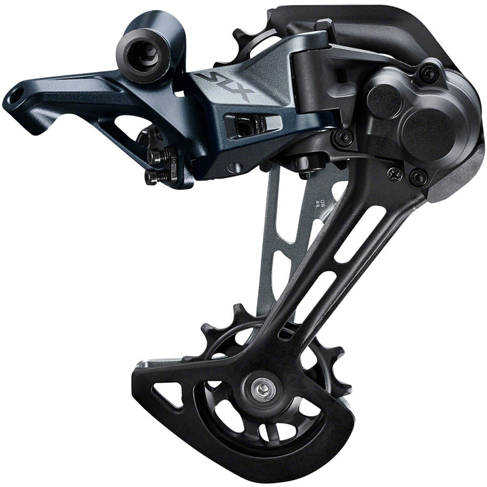 Shimano SLX RD-M7100-SGS rear derailleur for mountain bikes, showing the black and silver mechanism and mounting hardware.