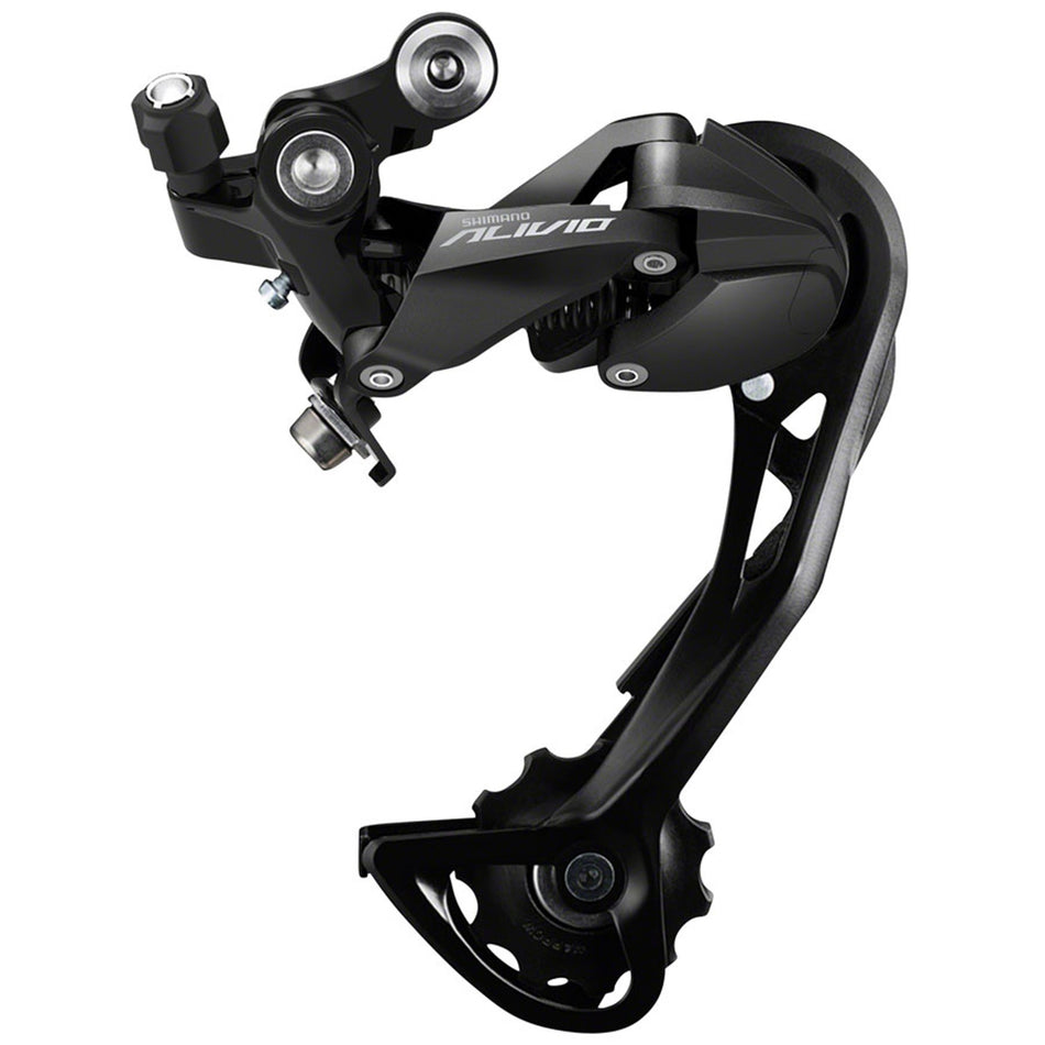 Shimano Alivio RD-M3100 rear derailleur with Shadow RD technology for trail obstacle protection, shown in a close-up image.
