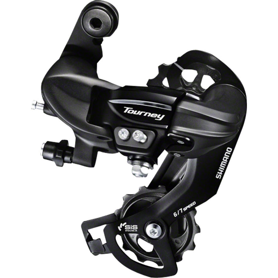 Shimano Tourney RD-TY300-SGS 6/7-speed rear derailleur for bicycles, showing the black and silver component with mounting hardware.
